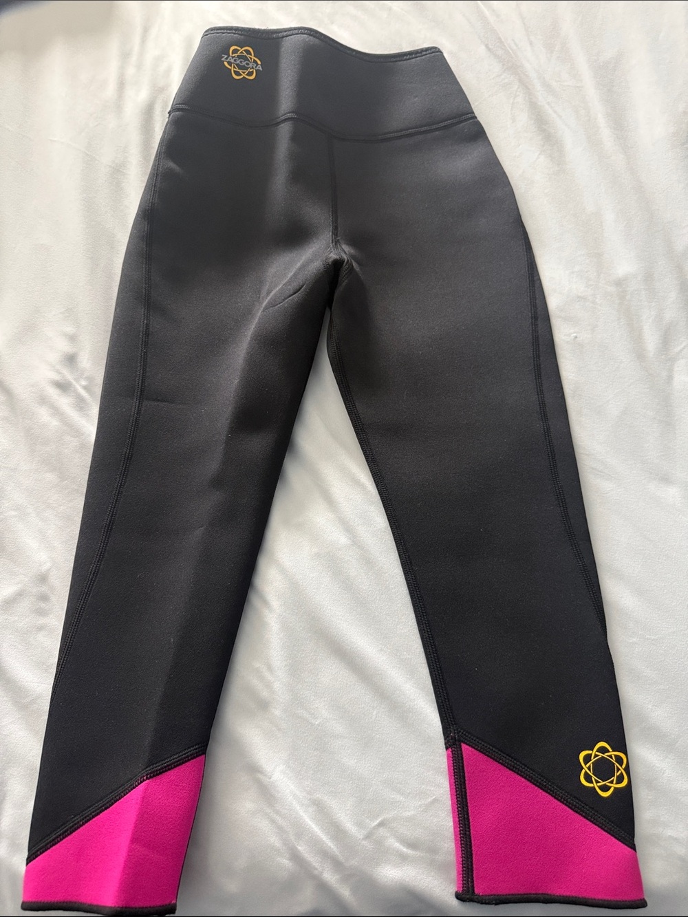 High-Rise Black Leggings with Pink Panels and Yellow Logo
